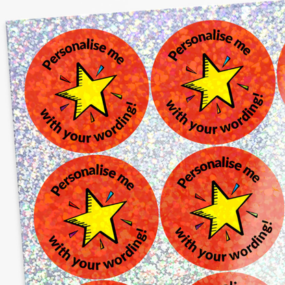 Red stickers with yellow stars and text on a glittery background