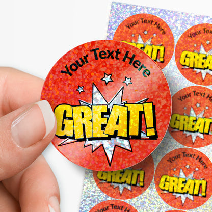 Personalised holographic round red sticker with 'GREAT!' text held by a hand.