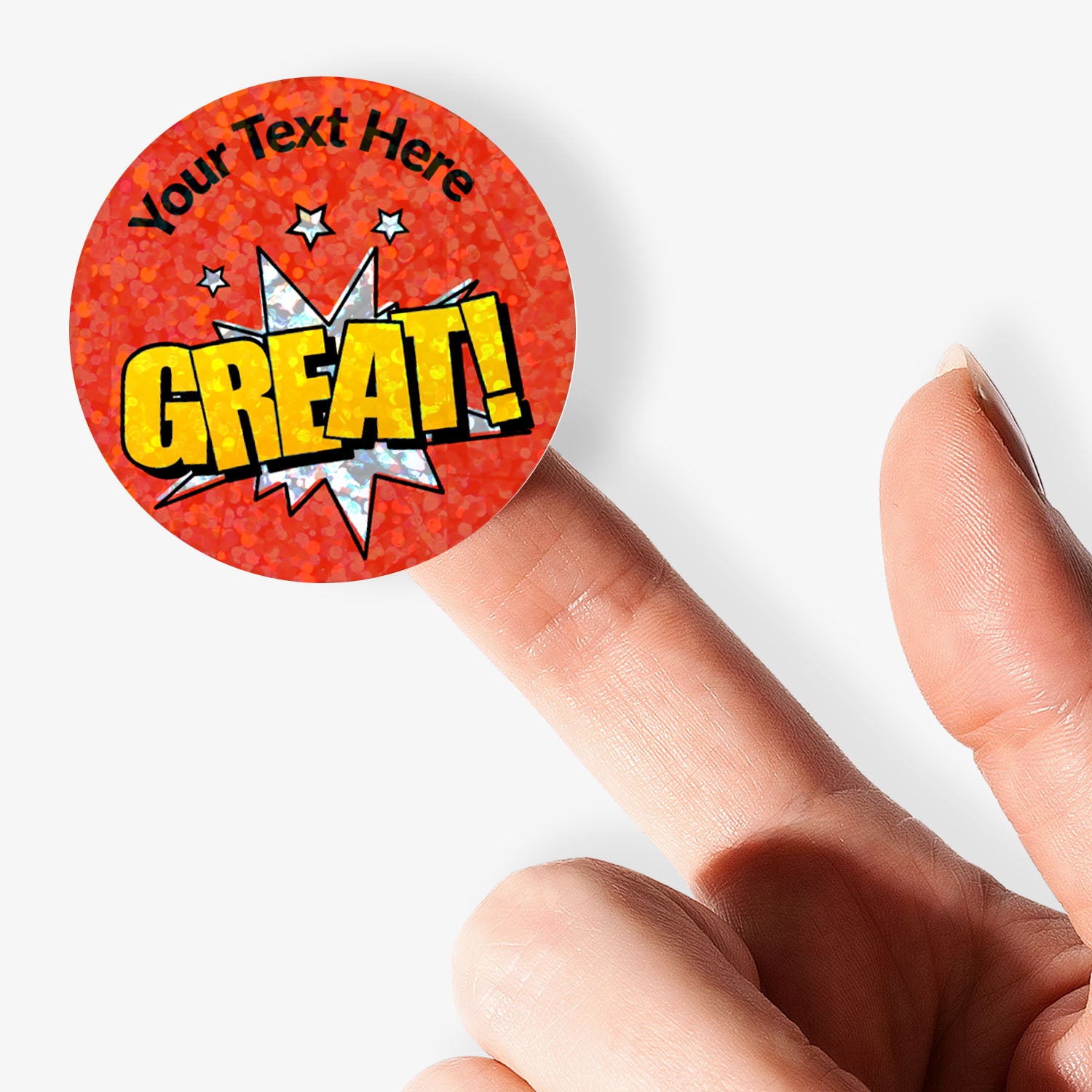 Personalised holographic round red sticker with 'GREAT!' text held by a finger.