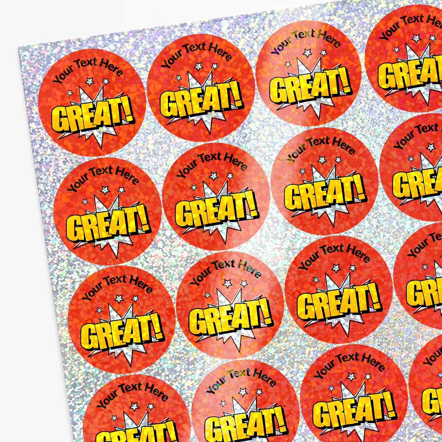 Personalised holographic sheet of red stickers with 'GREAT!' text