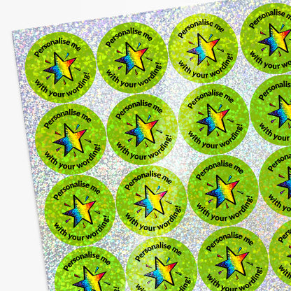 Sheet of green stickers with star designs and text on a white background