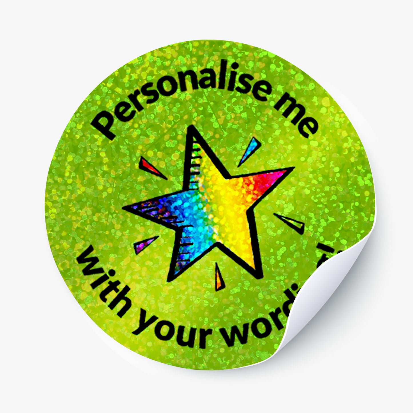 Round sticker with a colorful star design and text on a white background