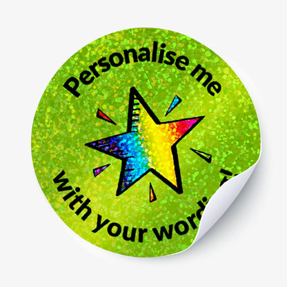 Round sticker with a colorful star design and text on a white background