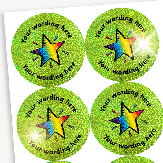 35 Personalised Holographic Rainbow Star Stickers - 37mm