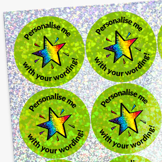 Green stickers with star design and text 'Personalise me with your wording!' on a glittery background.