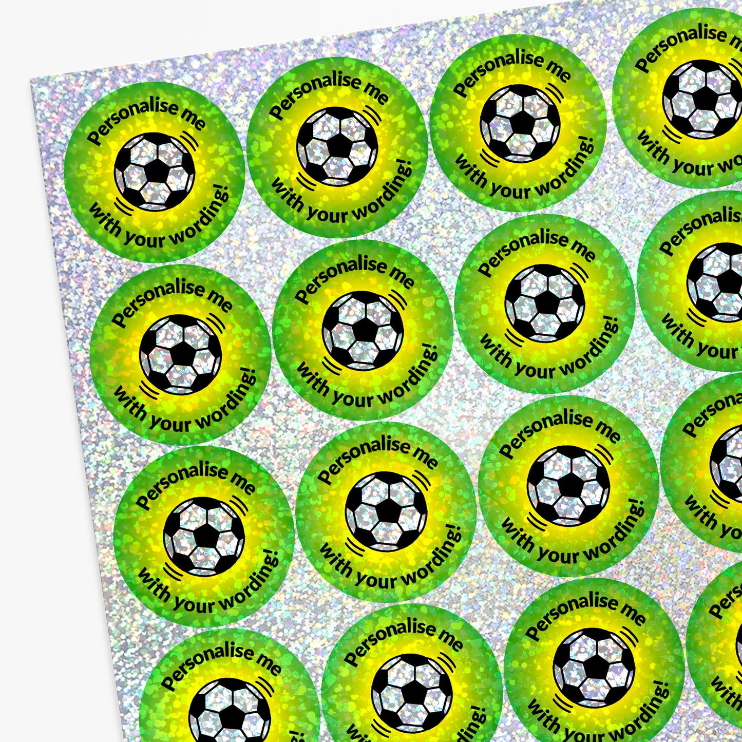 Personalised holographic sheet of green stickers with soccer ball design and text 'Personalise me with your wording!'.