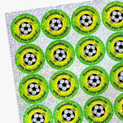 Personalised holographic sheet of green stickers with soccer ball design and text 'Personalise me with your wording!'.