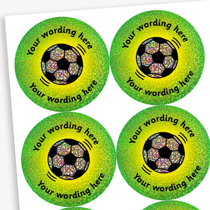 Sheet of round personalised stickers featuring a football green and yellow holographic background; includes customisable black text above and below the image.