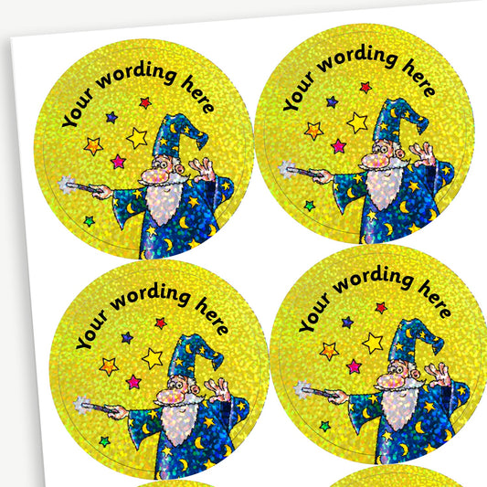 35 Personalised Holographic Wizard Stickers - 37mm