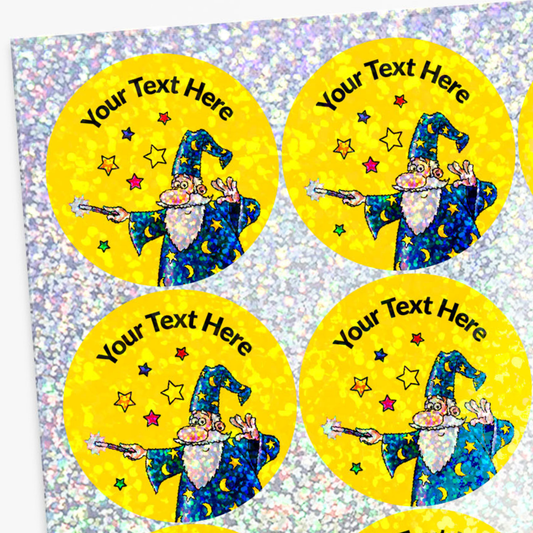Four round stickers with a cartoon wizard on a yellow background, with text 'Your Text Here' around them.