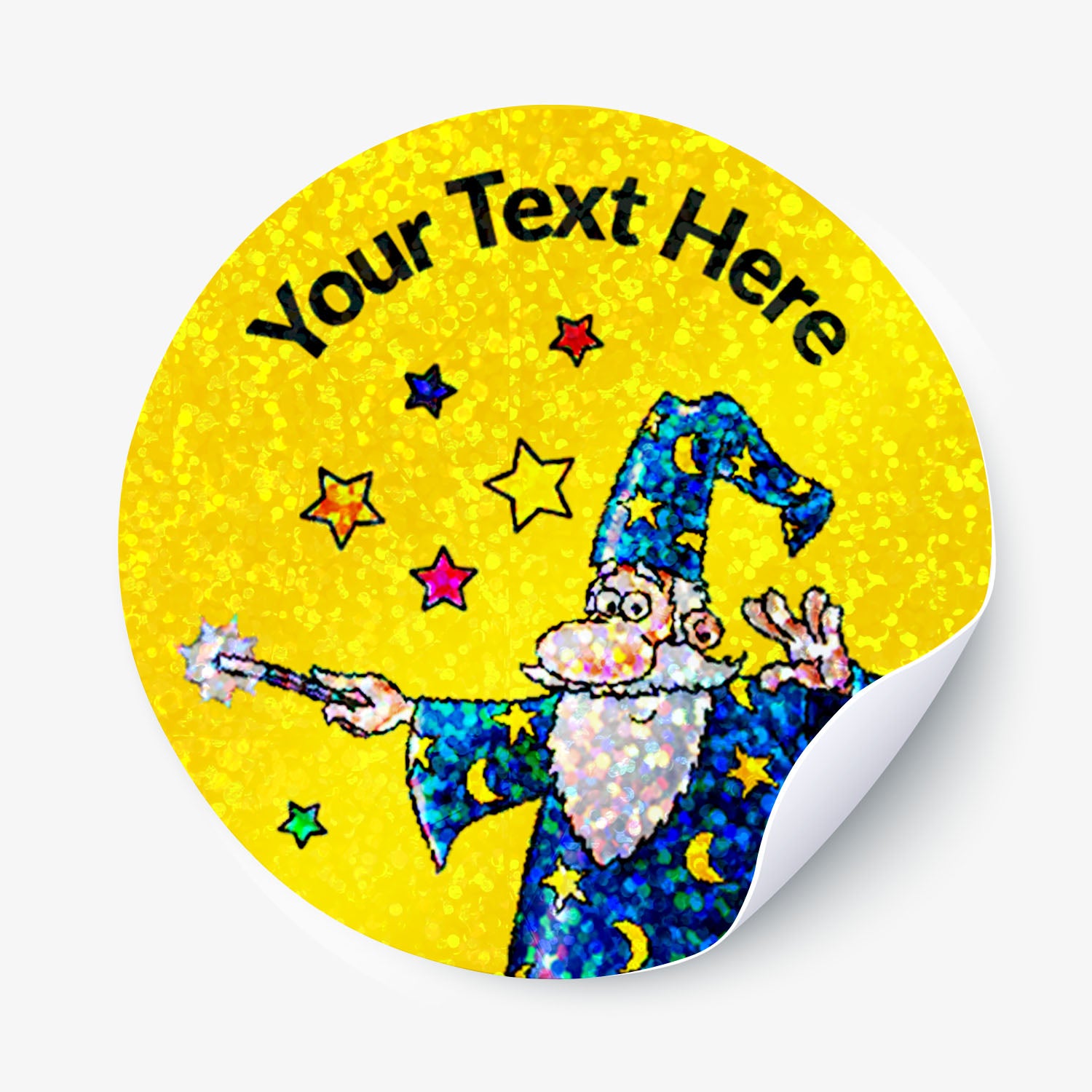 Round sticker with a wizard design and customizable text on a yellow background