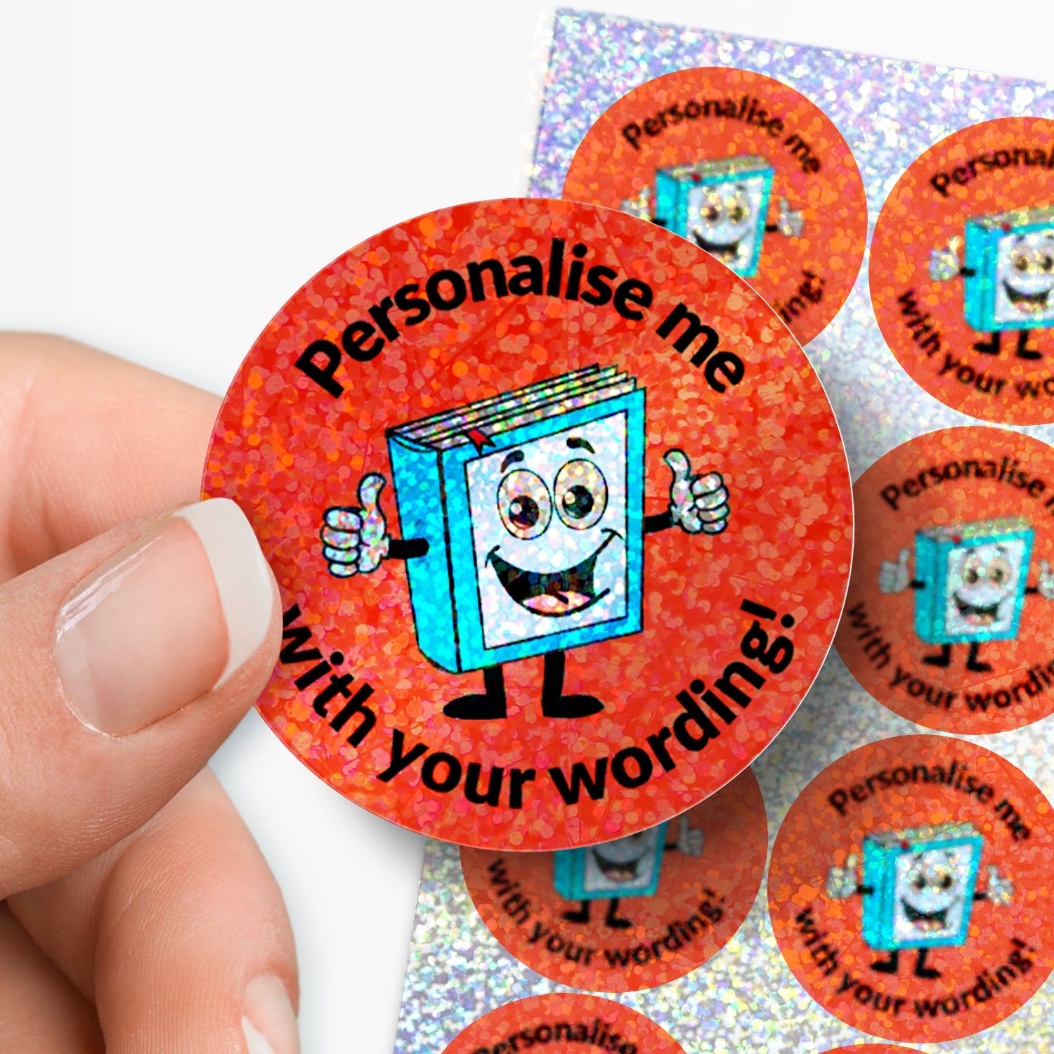 Personalised holographic Red circular sticker with cartoon book character and text 'Personalise me with your wording!' held by a hand.
