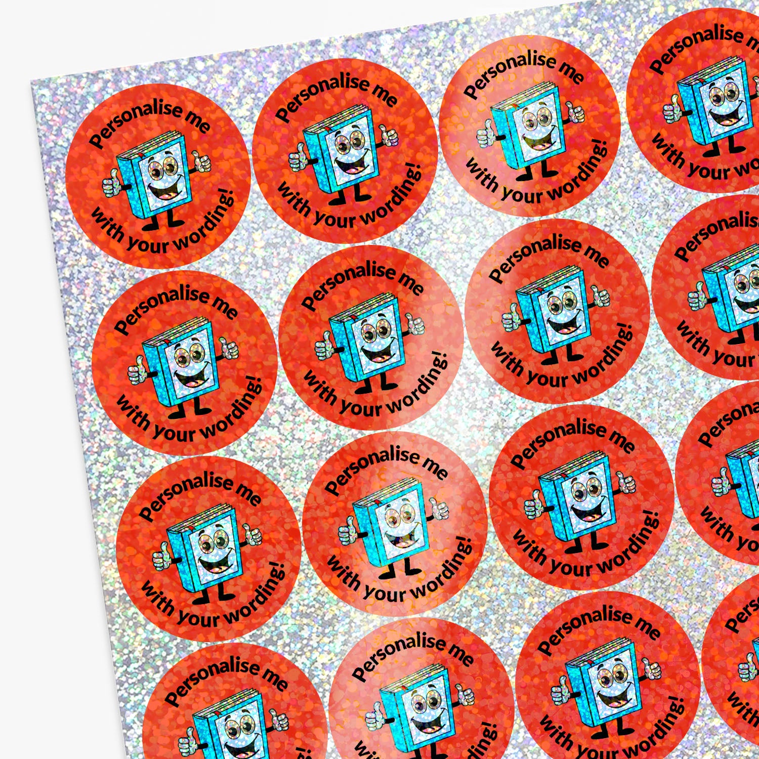 Personalised holographic stickers with cartoon book character and text 'Personalise me with your wording!'.