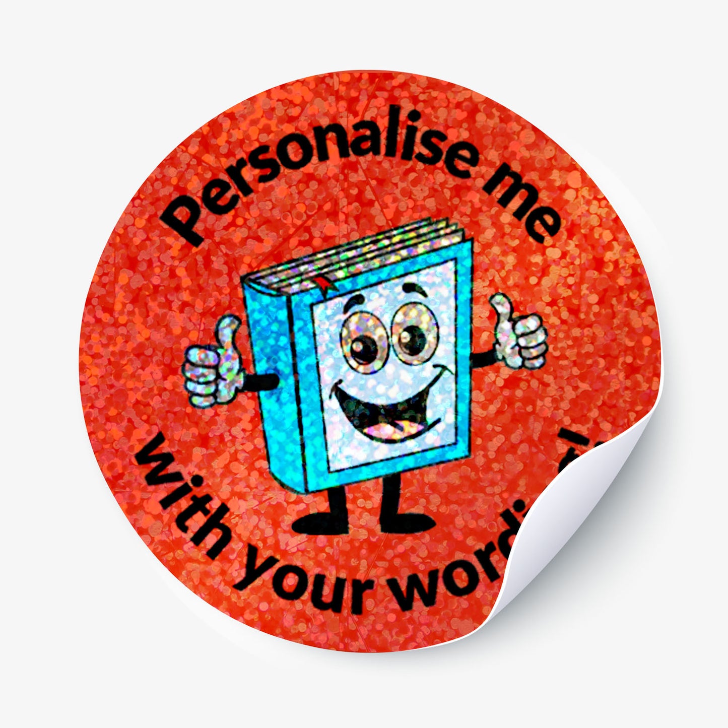 Personalised holographic round sticker with a cartoon book character on a red background.