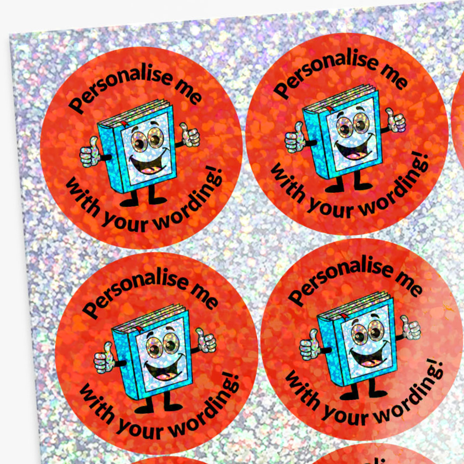 Red circular stickers with a cartoon book character and text on a glittery background