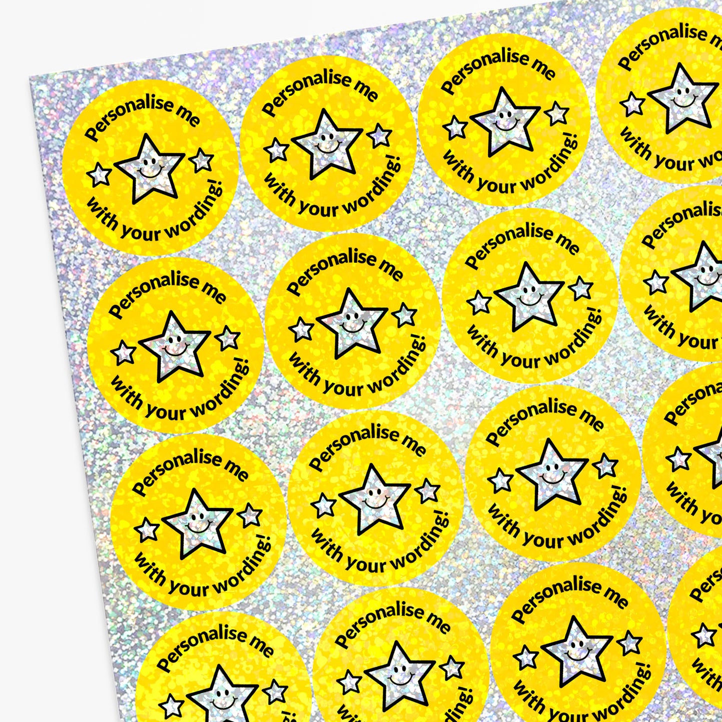 Personalised holographic sheet of yellow stickers with star design and text 'Personalise me with your wording!'.
