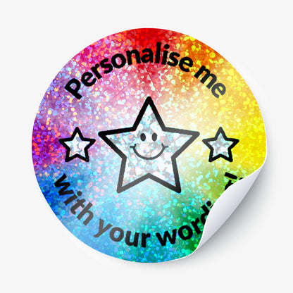 Personalised holographic round sticker with a star and text 'Personalise me with your wording' on a rainbow gradient background.
