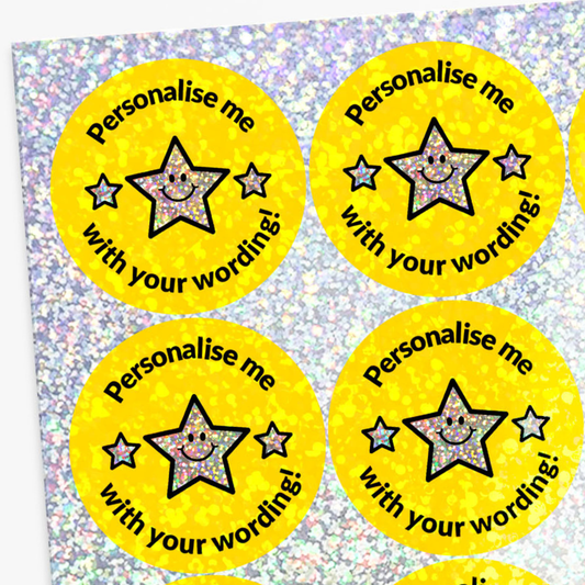 35 Personalised Holographic Triple Star Stickers - 37mm