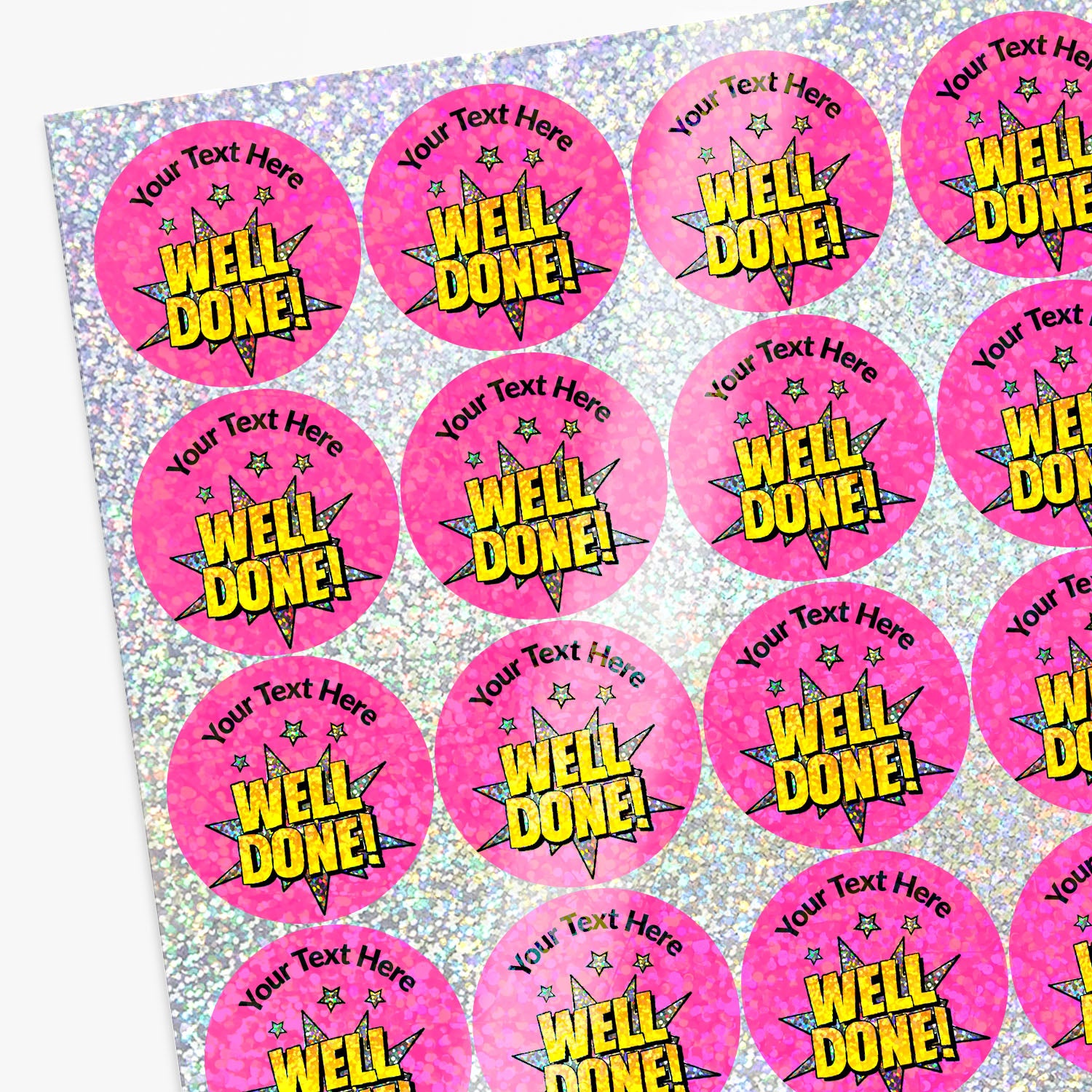 Sheet of pink stickers with 'Well Done!' text on a glittery background