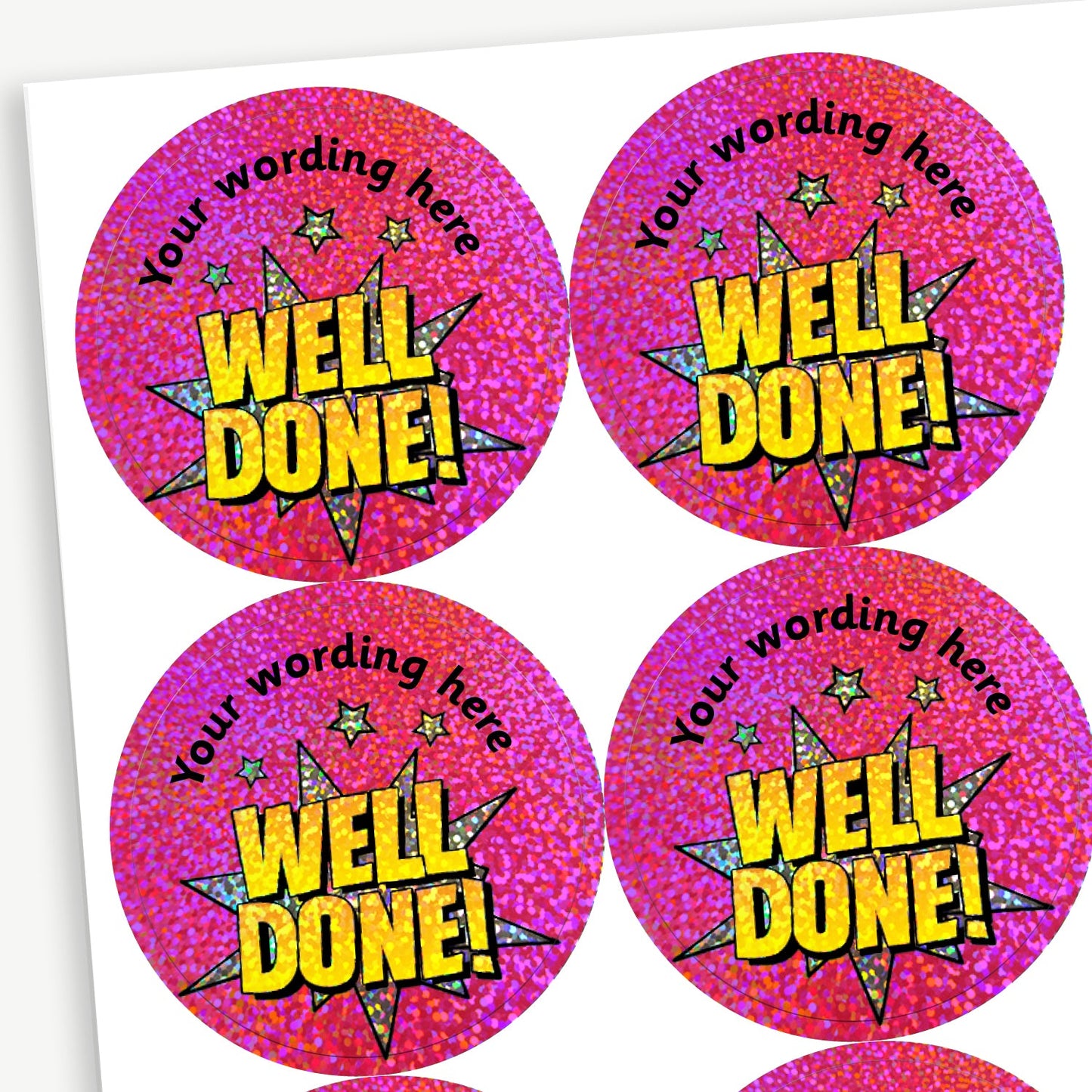 35 Personalised Holographic Well Done Pow Stickers - 37mm