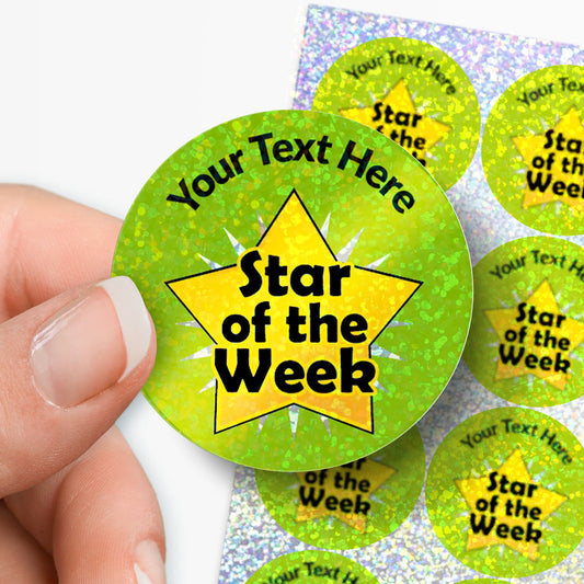 Green 'Star of the Week' personalised holographic stickers with a hand holding one.