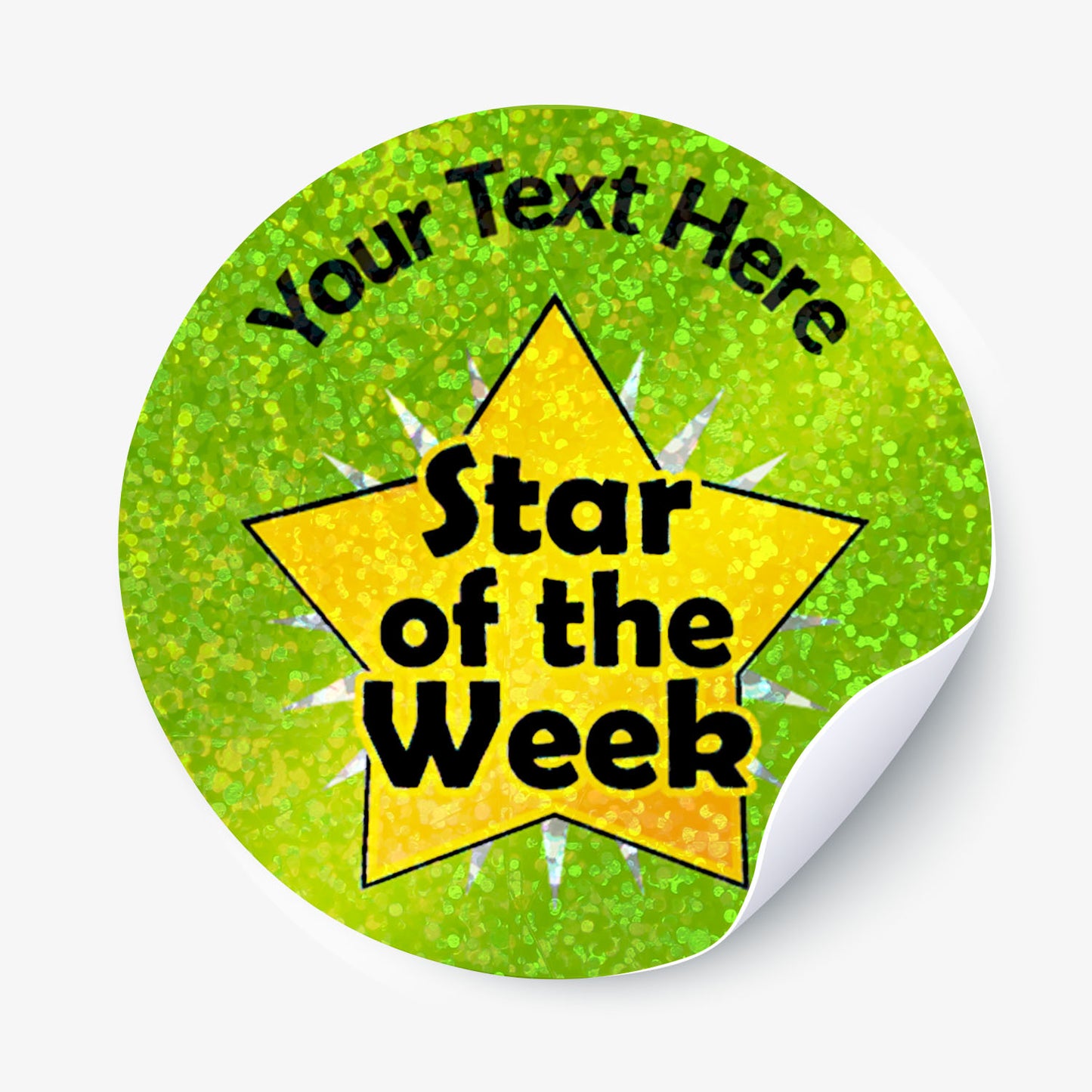Personalised holographic sticker with 'Star of the Week' design on a green background.