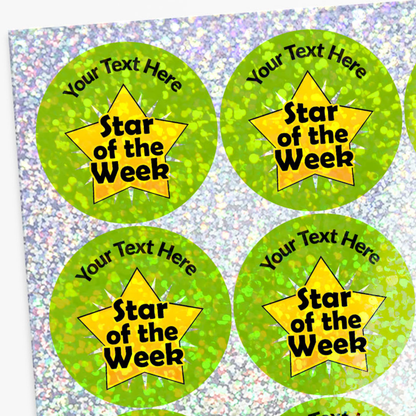 Four green stickers with yellow stars and text 'Star of the Week' on a glittery background.