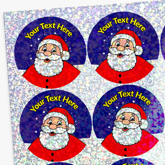 Stickers with Santa Claus design on a glittery background