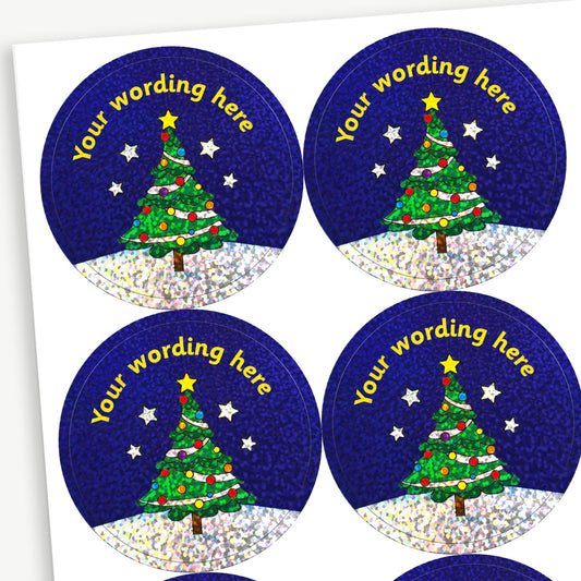 35 Personalised Holographic Christmas Tree Stickers - 37mm