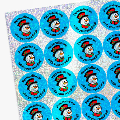 Sheet of snow man sparkly stickers with personalised text.