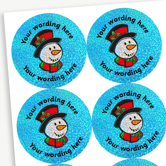 35 Personalised Holographic Snowman Stickers - 37mm