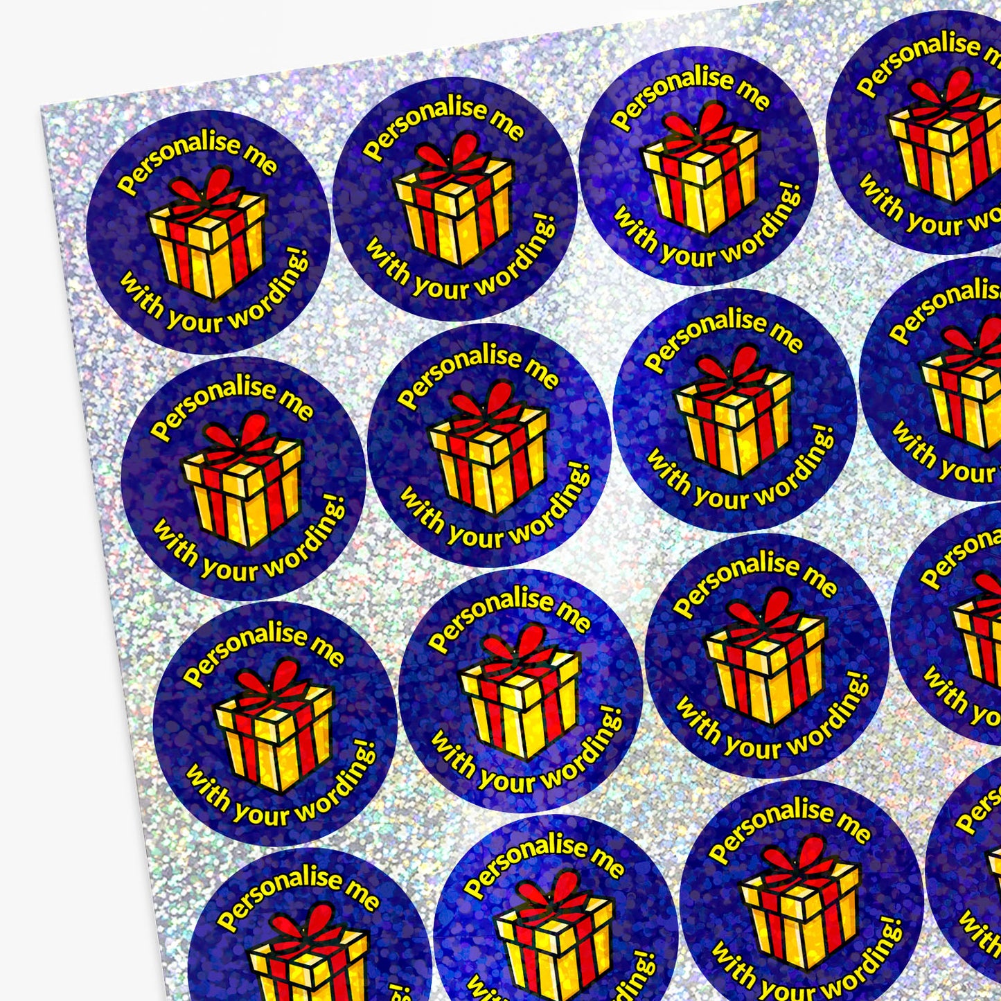 Personalised holographic Sheet of stickers with gift box design and text.