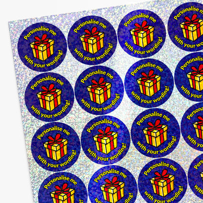 Personalised holographic Sheet of stickers with gift box design and text.