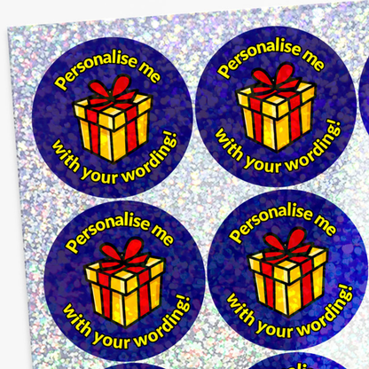 Round stickers with a gift box design and text 'Personalise me with your wording!' on a blue background.