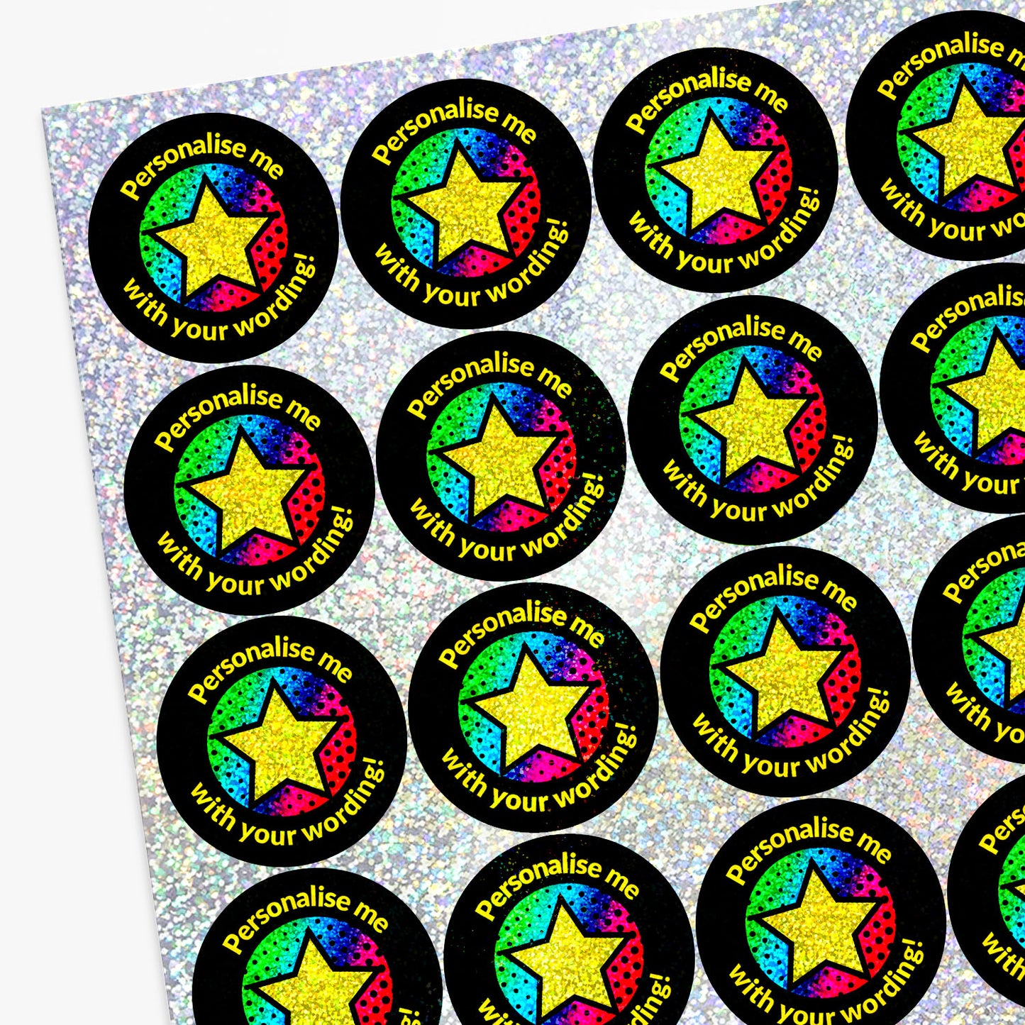 Stickers with colorful star designs and text on a white background