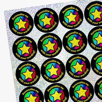 Stickers with colorful star designs and text on a white background