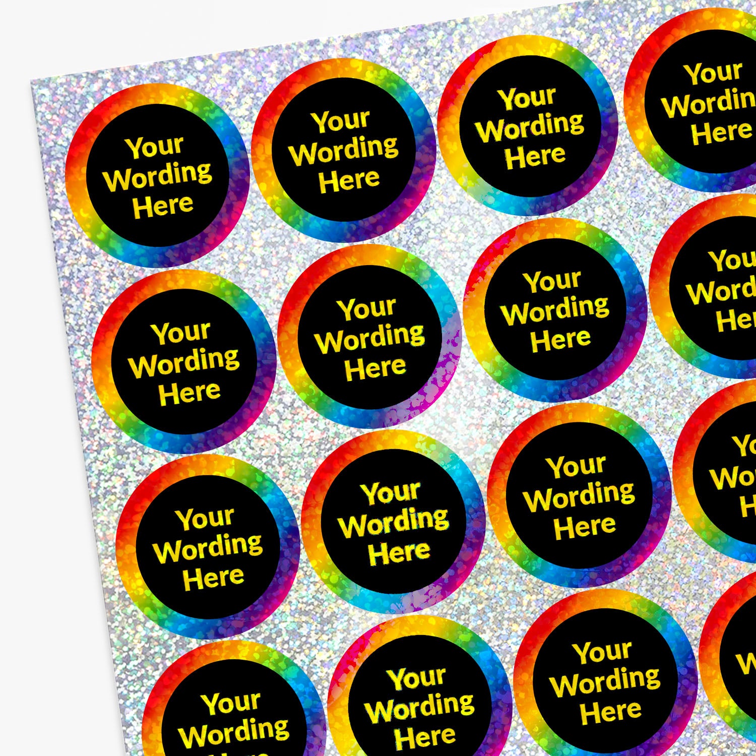 Sticker sheet with round stickers featuring 'Your Word Here' text in yellow on black circles with rainbow borders.
