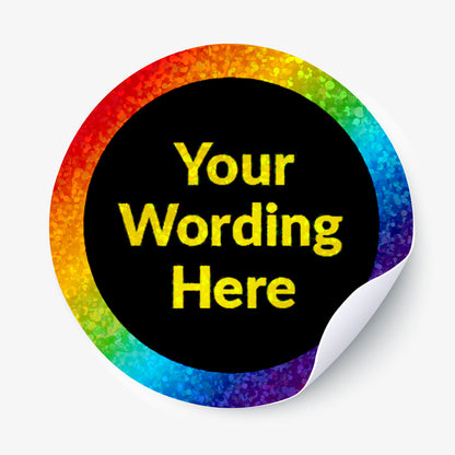 Personalised holographic round sticker with rainbow border and customizable text in the center.