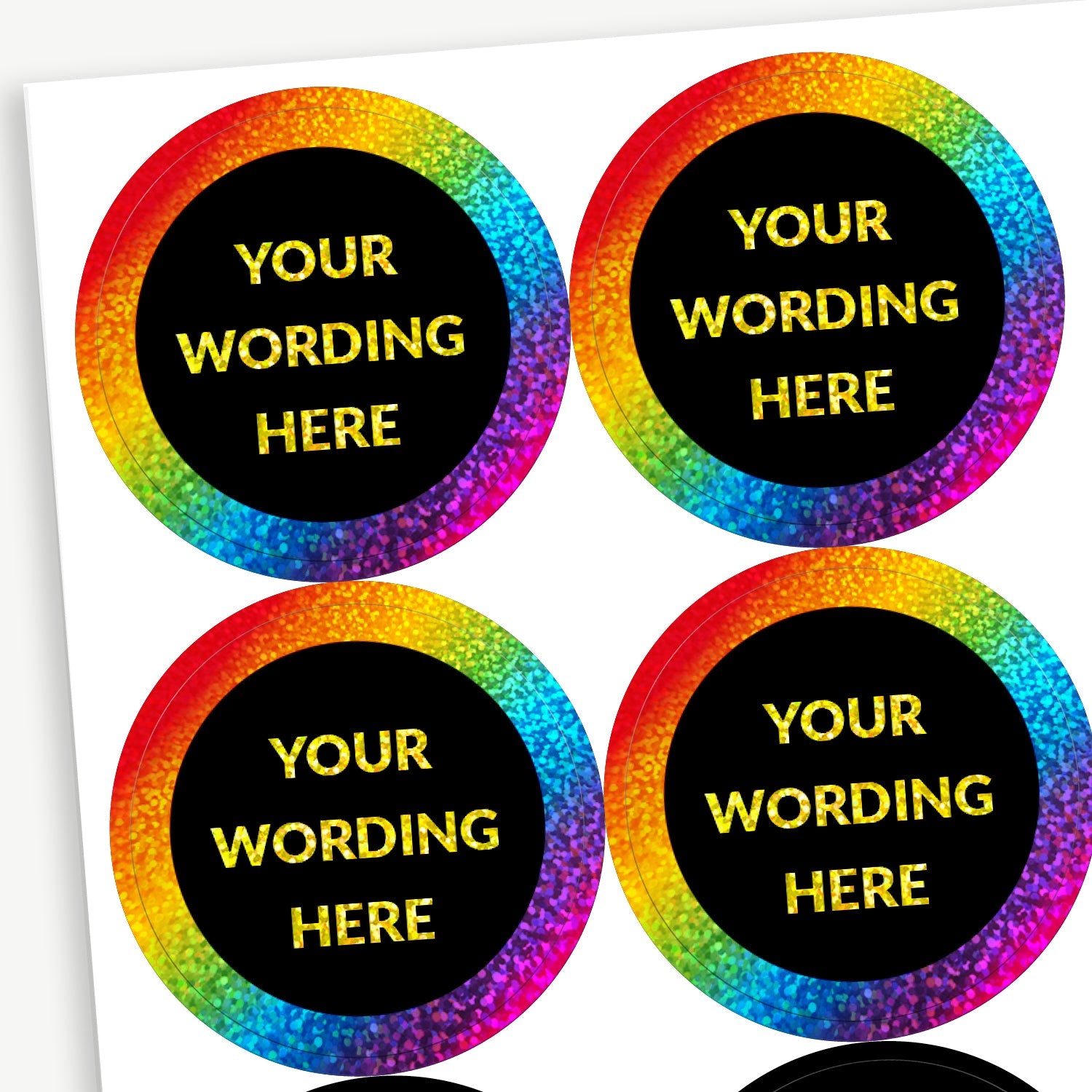 Circular reward stickers with a black background featuring a neon spectrum border. Each sticker includes placeholder text 'Your wording here' central to the sticker for customisation.