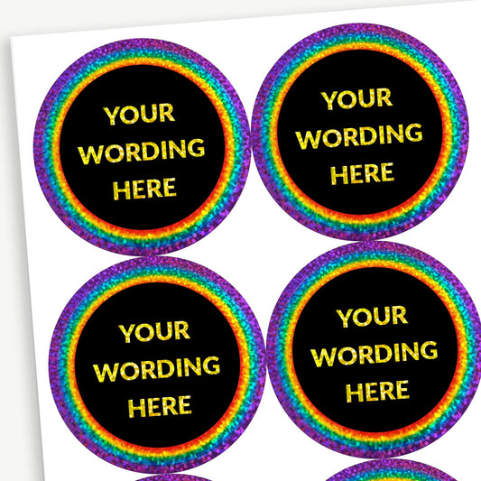 35 Personalised Holographic Neon Rainbow Circle Stickers - 37mm
