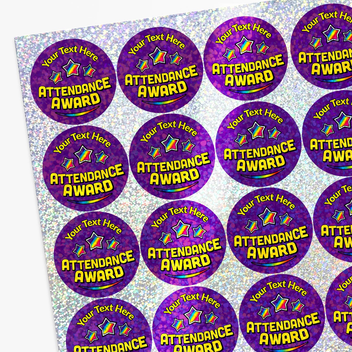 Sheet of personalised holographic 'Attendance Award' stickers with customizable text on purple background.