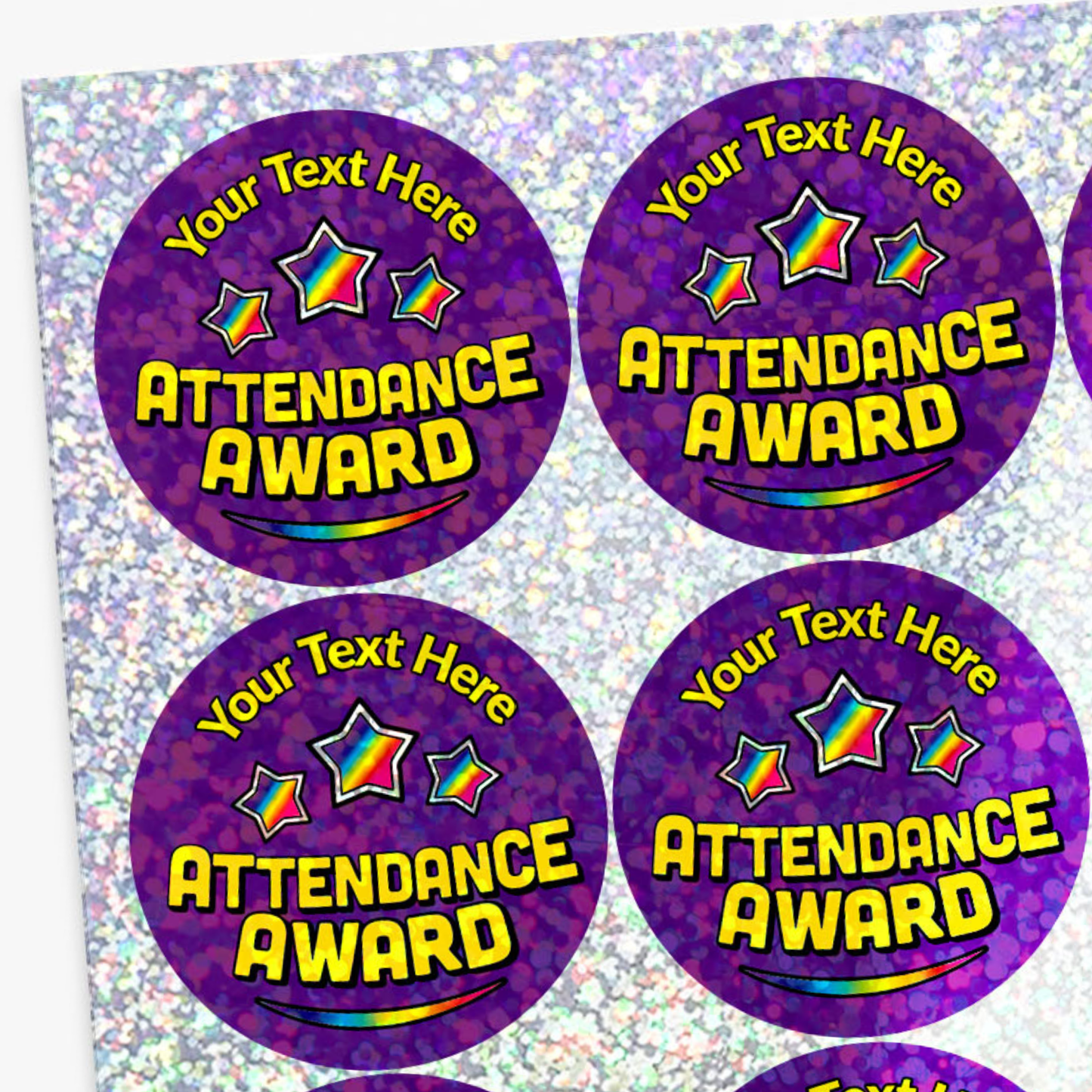 Attendance award stickers with customizable text on a purple background