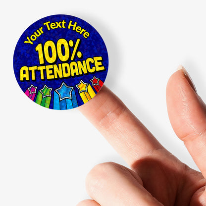 Personalised holographic colorful '100% Attendance' sticker held by a finger.