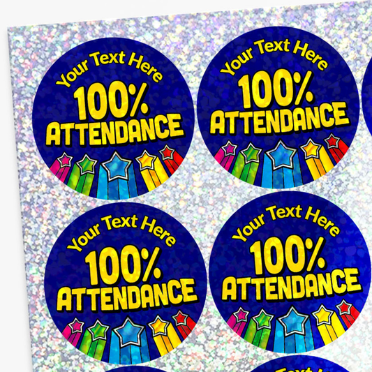 Stickers with 'Your Text Here 100% Attendance' text on a blue background with colorful stars.