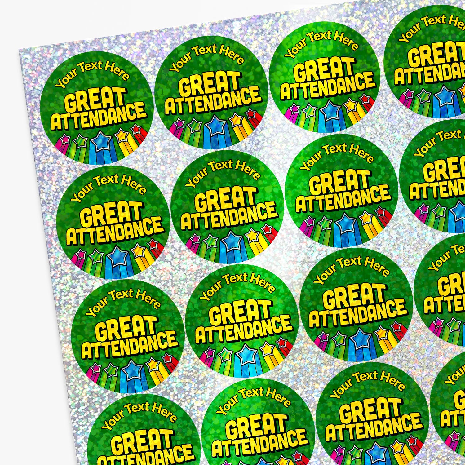 Sheet of personalised holographic 'Great Attendance' stickers with customizable text.