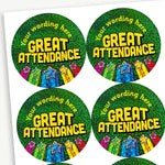 Sheet of holographic, circular green stickers with 'Great ATTENDANCE' central to the design in gold and 5 shooting stars below.  Placeholder text above the image 'Your wording here' shows customisation options.