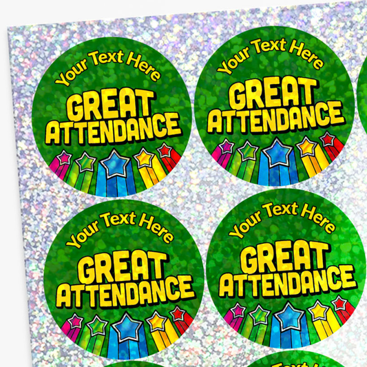 Stickers with 'Your Text Here GREAT ATTENDANCE' text on a green background with stars.