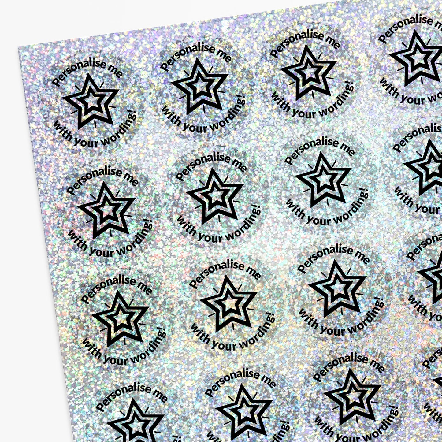 Personalised Silver Holographic Star stickers with example text.