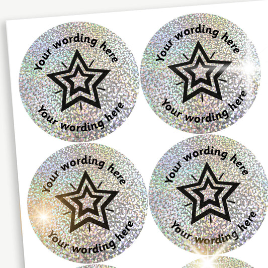 35 Personalised Holographic Silver Star Stickers - 37mm