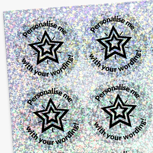 Star-shaped stickers with 'Personalise me with your wording!' text on a glittery background